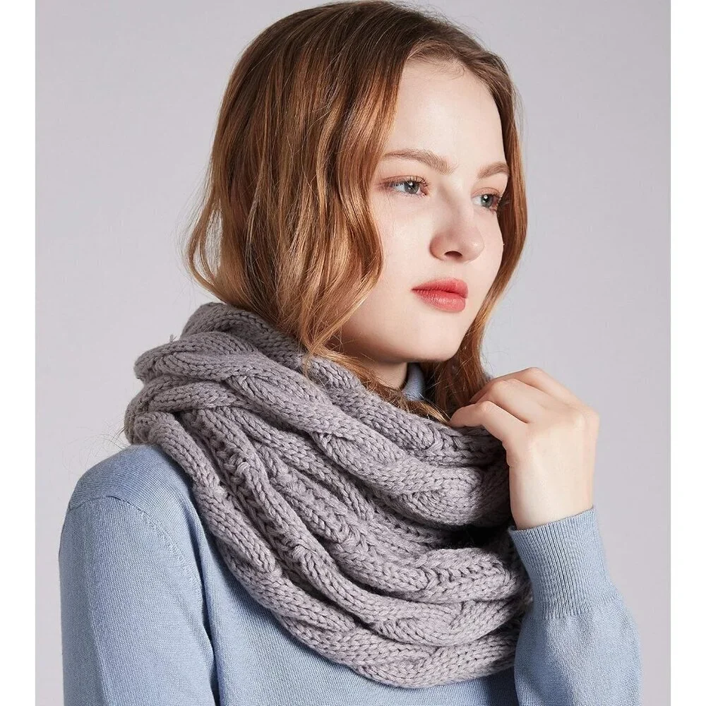 Women's Twist Grey Thick Ribbed Knit Winter Infinity Circle Loop Scarf